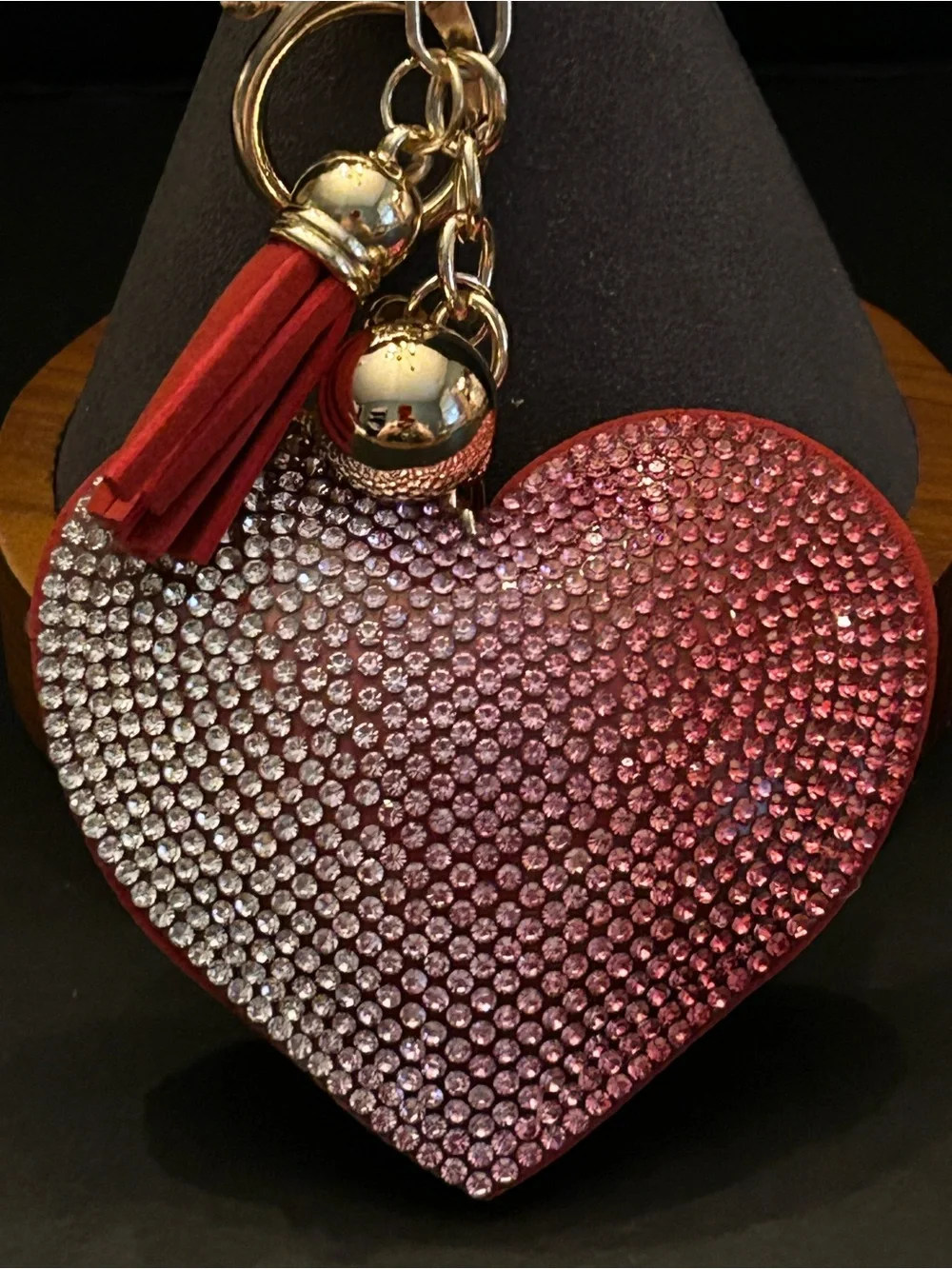 PREMIUM Puffy Pink & Red Ombré Crystal Heart Bag Charm Keychain w/Tassel
